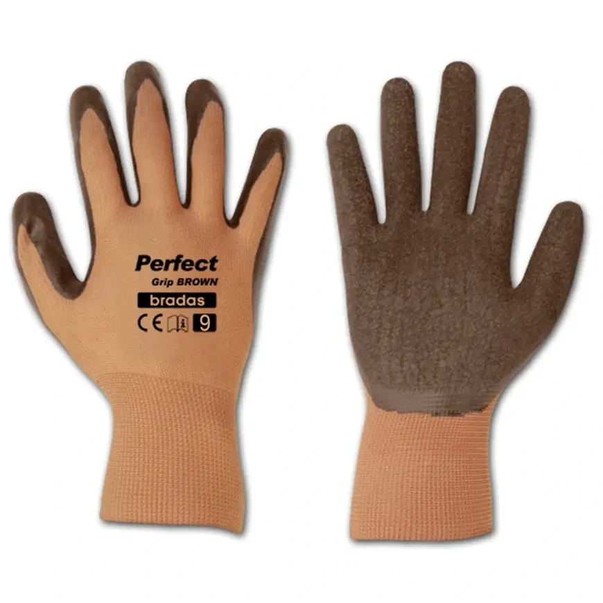 Rukavice pracovní hnědé polyester Latex vel.9
